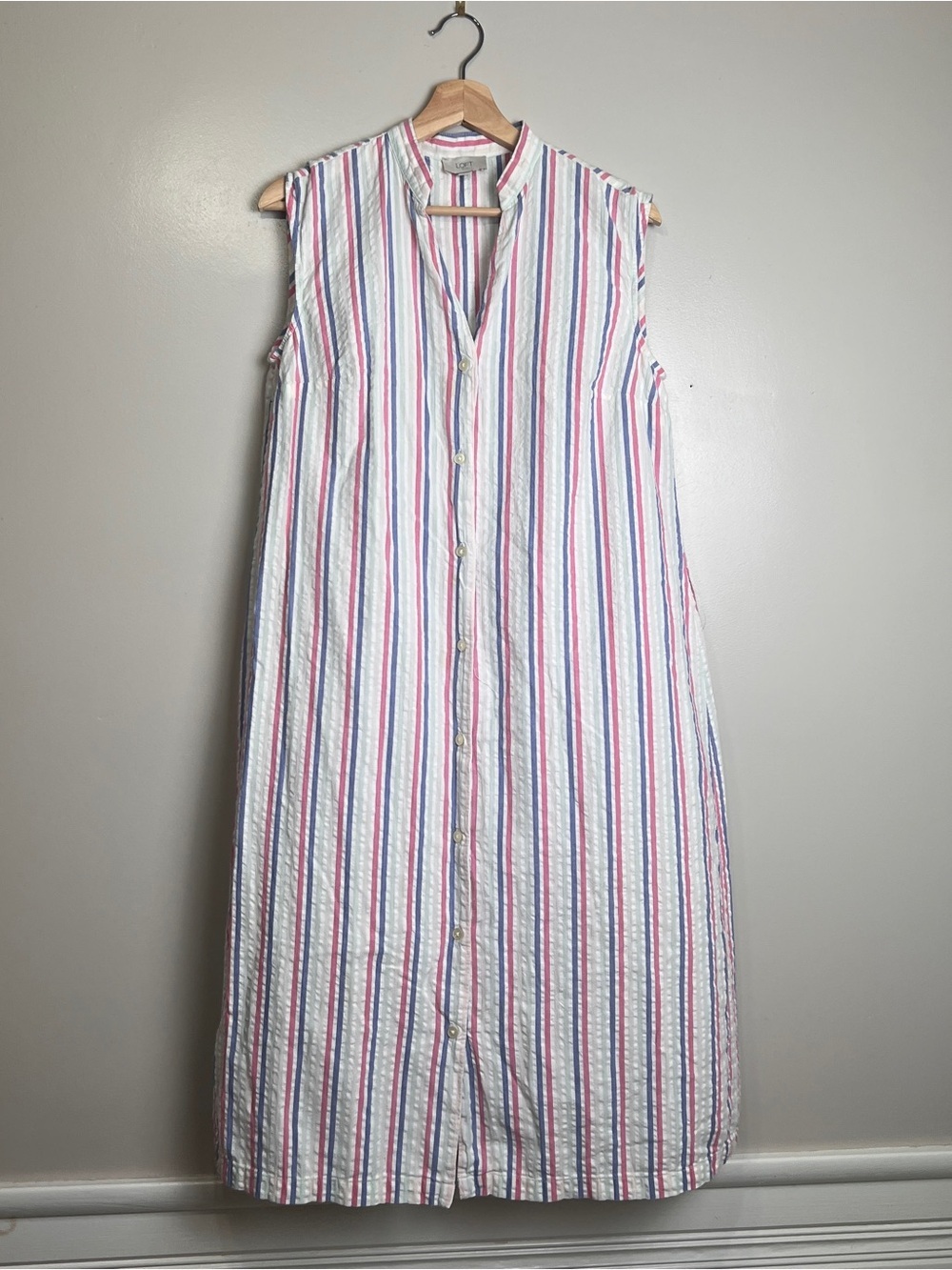 Loft Outlet Size Medium Pink & Blue Striped Button Front Cotton Midi Dress, GUC
